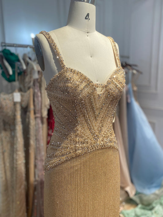 Gold Mermaid Luxury Beaded Tassel Fringe Lebanon Designer Evening Dress LA73446