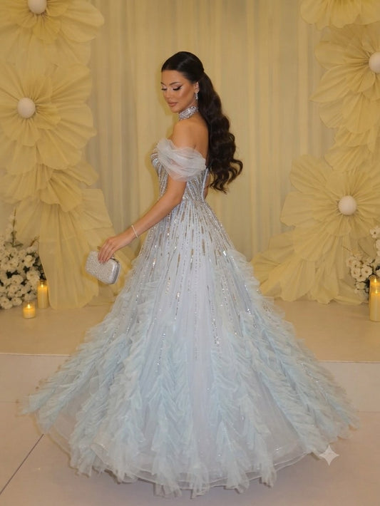 Luxury Light Blue Off-the-Shoulder Beaded Tiered Ruffle Evening Dress LA73843