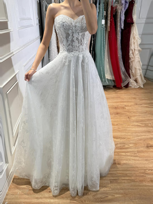 Luxury White Lace Strapless A-Line Bridal Wedding Dress HA2539