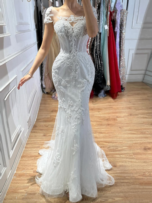 Luxury White Beaded Lace Mermaid Bridal Wedding Dress HA2544