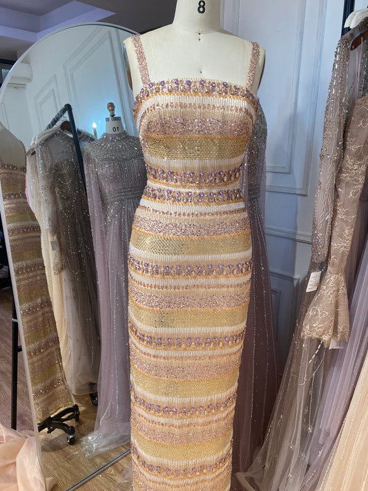 Nude Beaded Evening Dress with Matching Long Sleeve Cape LA73941