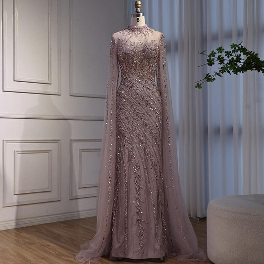 Luxury Modest Nude Mermaid Evening Dress with Cape Sleeves LA71885A