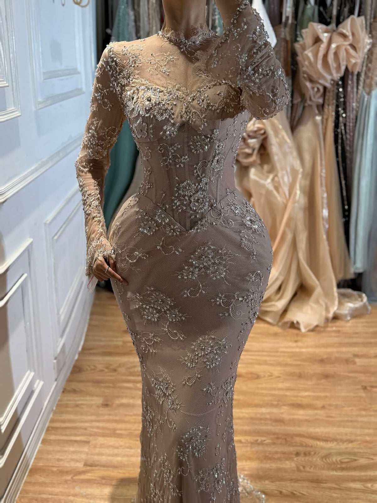 Modest Nude Beaded Lace Long Sleeve Mermaid Evening Dress LA72545A