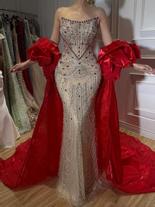 Luxury Red Crystal Beaded Mermaid Dress with Detachable Cape LA72903A