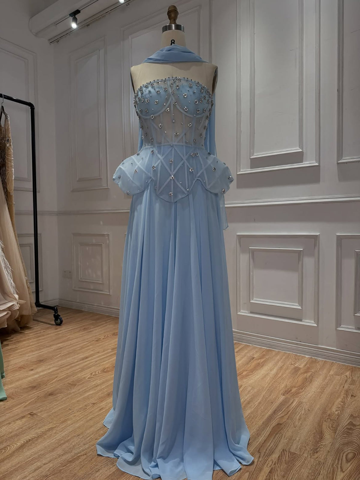 Blue Strapless Beaded Corset with Chiffon Skirt Two-Piece Set Evening Dress LA72915B