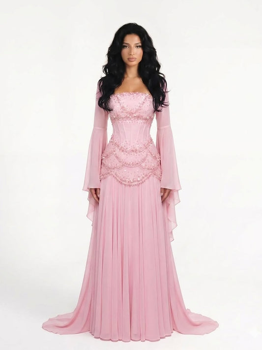 Luxury Pink Beaded A Line Dress with Chiffon Cape Sleeves LA72978B