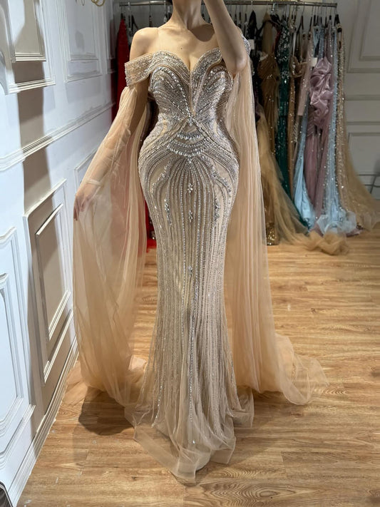 Blue Beaded Off Shoulder Saudi Arabic Luxury Evening Dress LA73151