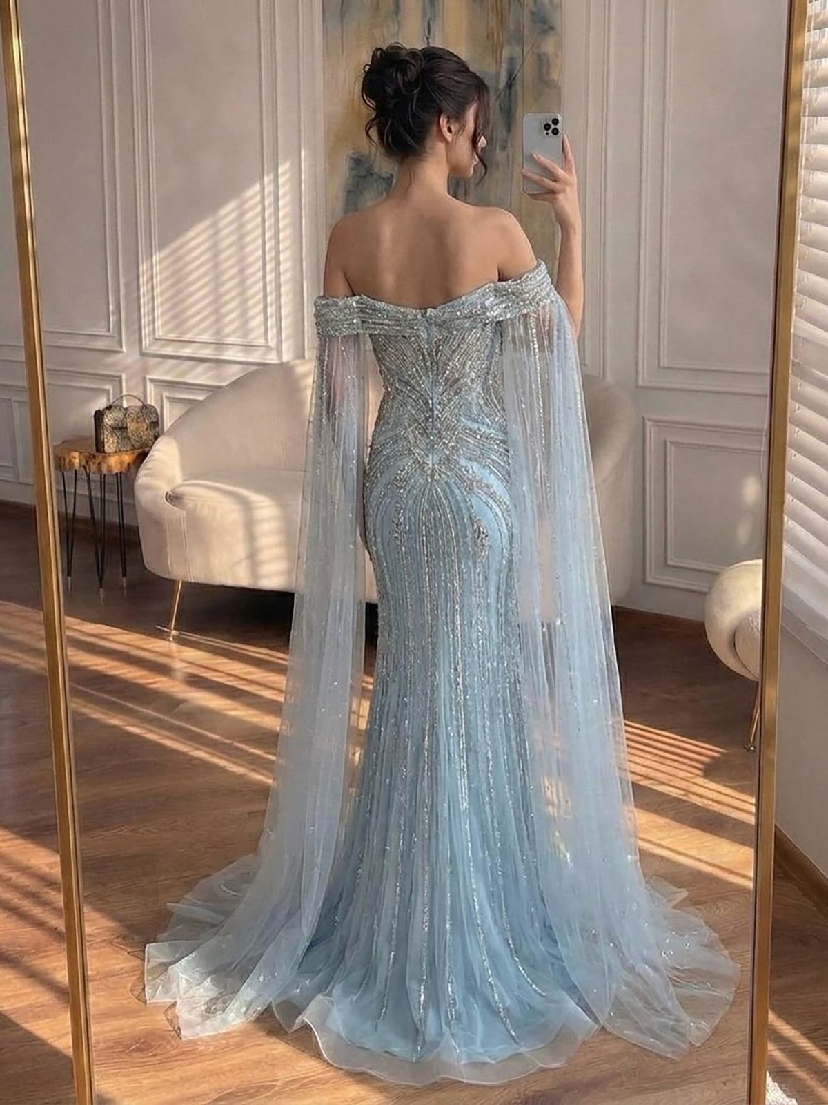 Pink Beaded Off Shoulder Mermaid Luxury Evening Dress LA73151A