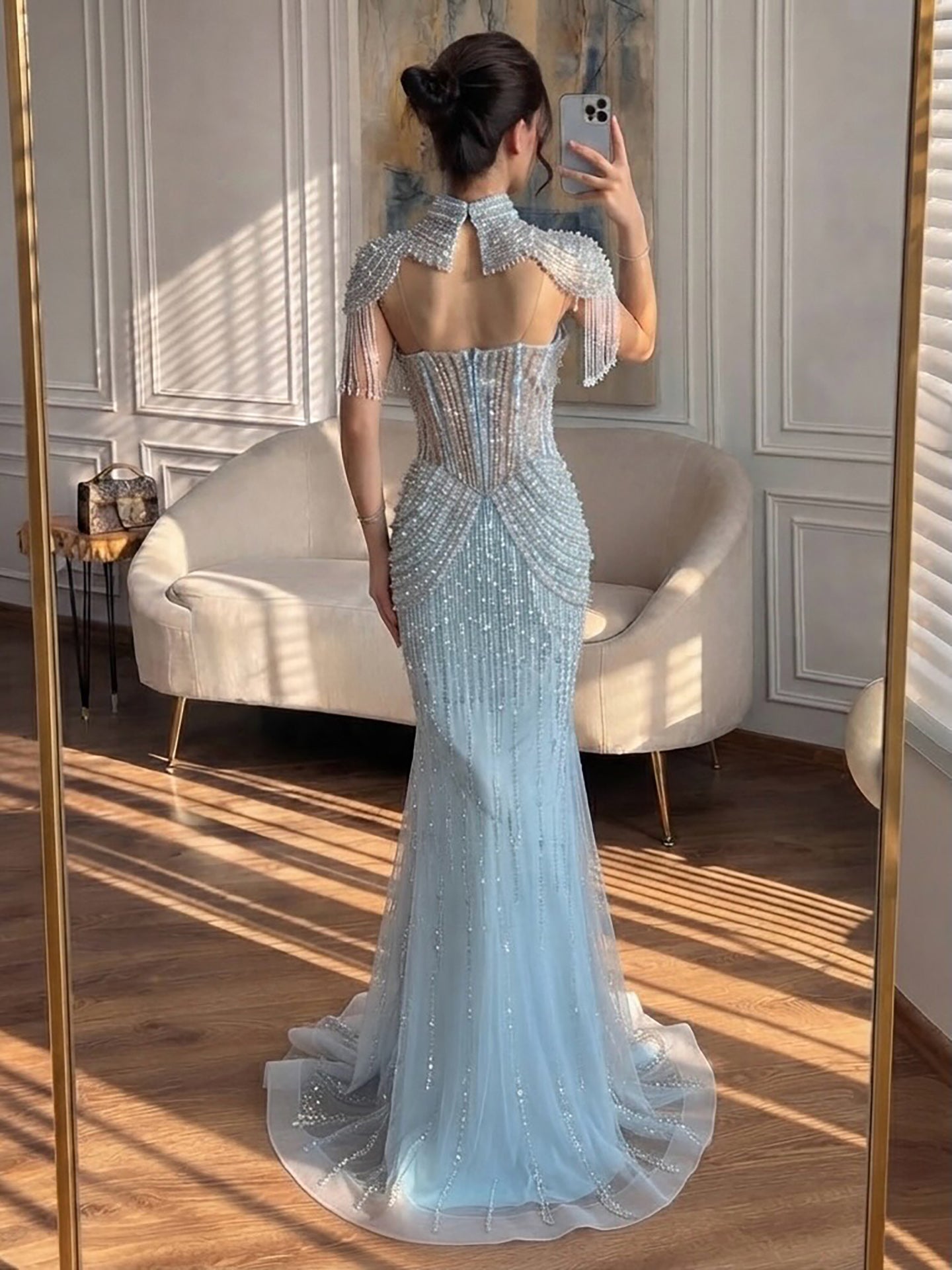 Blue Strapless Beaded Luxury Mermaid Evening Dress with Tassel Cape LA73183A