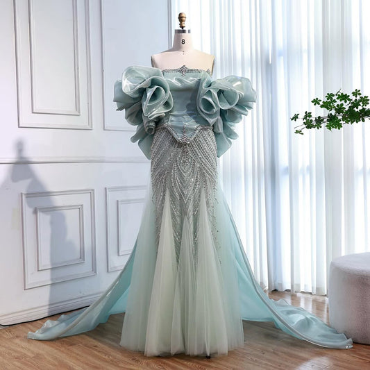 Luxury Sage Green Beaded Mermaid Evening Dress with Balloon Sleeves LA73201