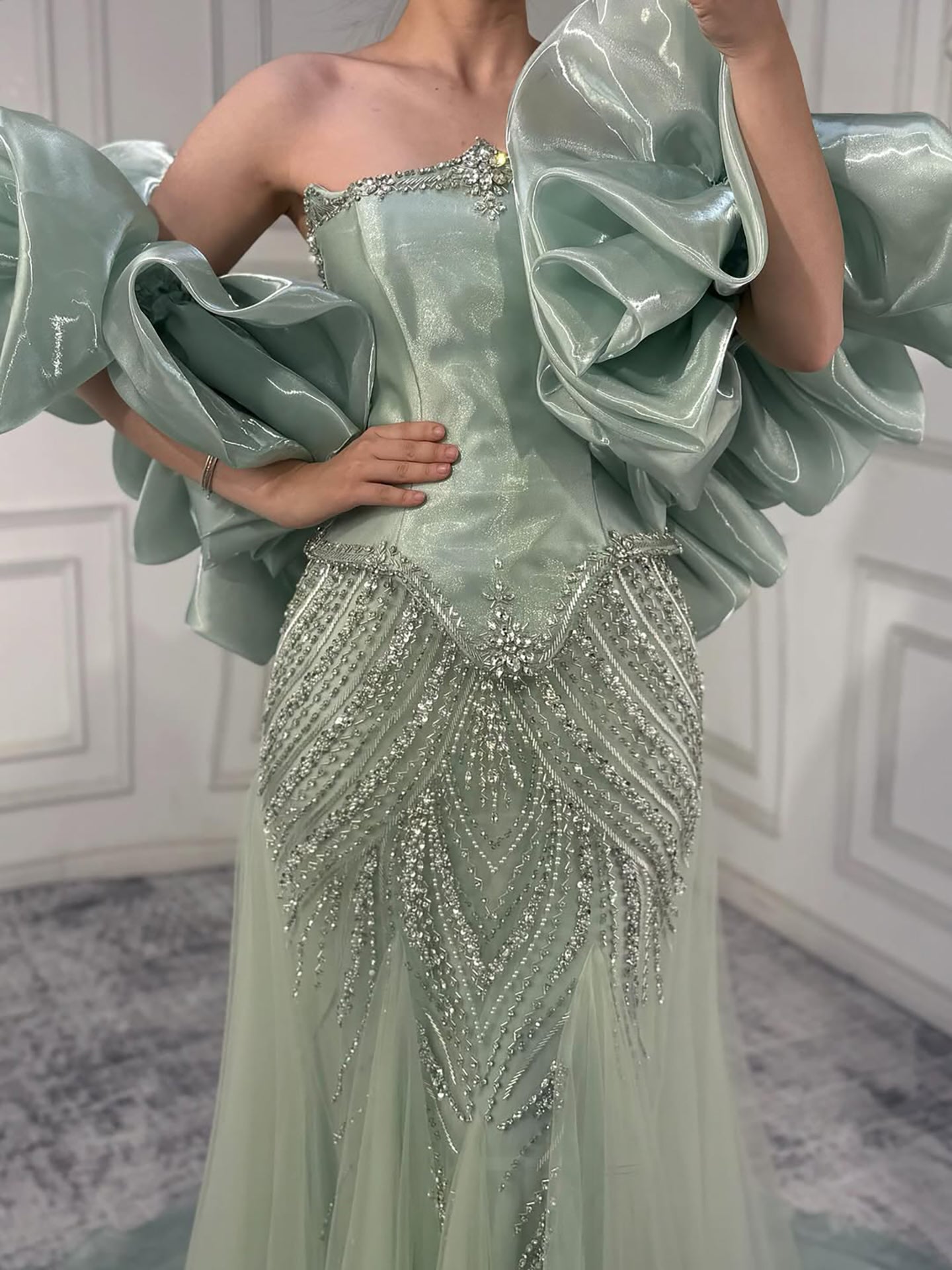 Luxury Sage Green Beaded Mermaid Evening Dress with Balloon Sleeves LA73201