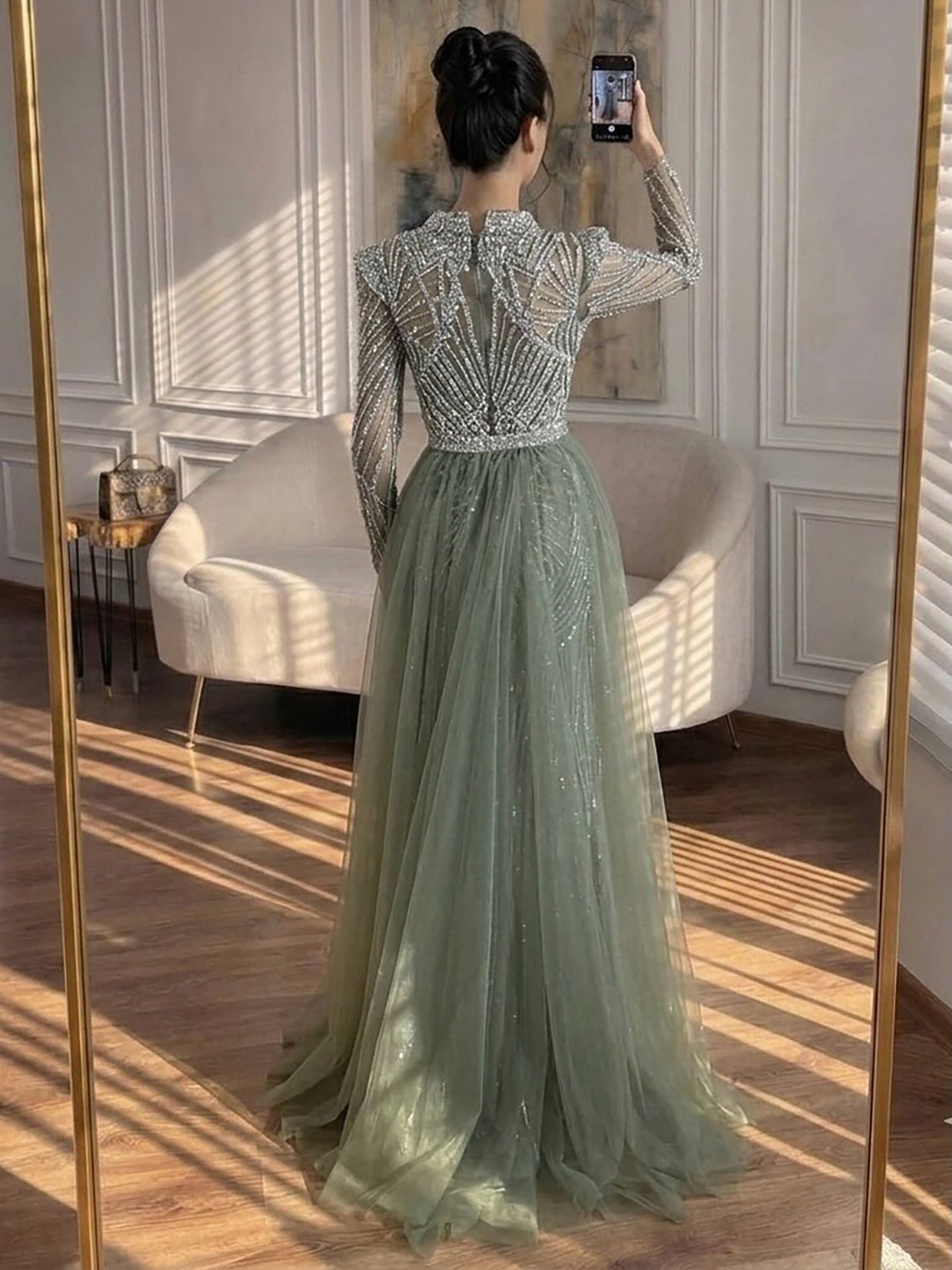 Modest Nude Beaded Long Sleeve Mermaid Evening Dress LA73203A
