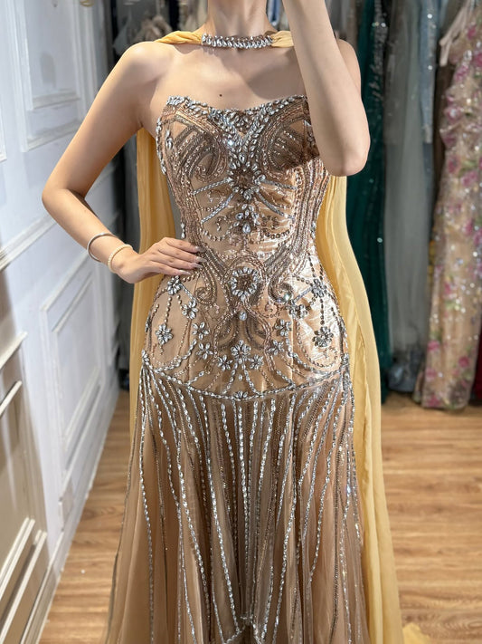 Gold Heavy Beaded Strapless Luxury Evening Dress with Detachable Cape LA73224