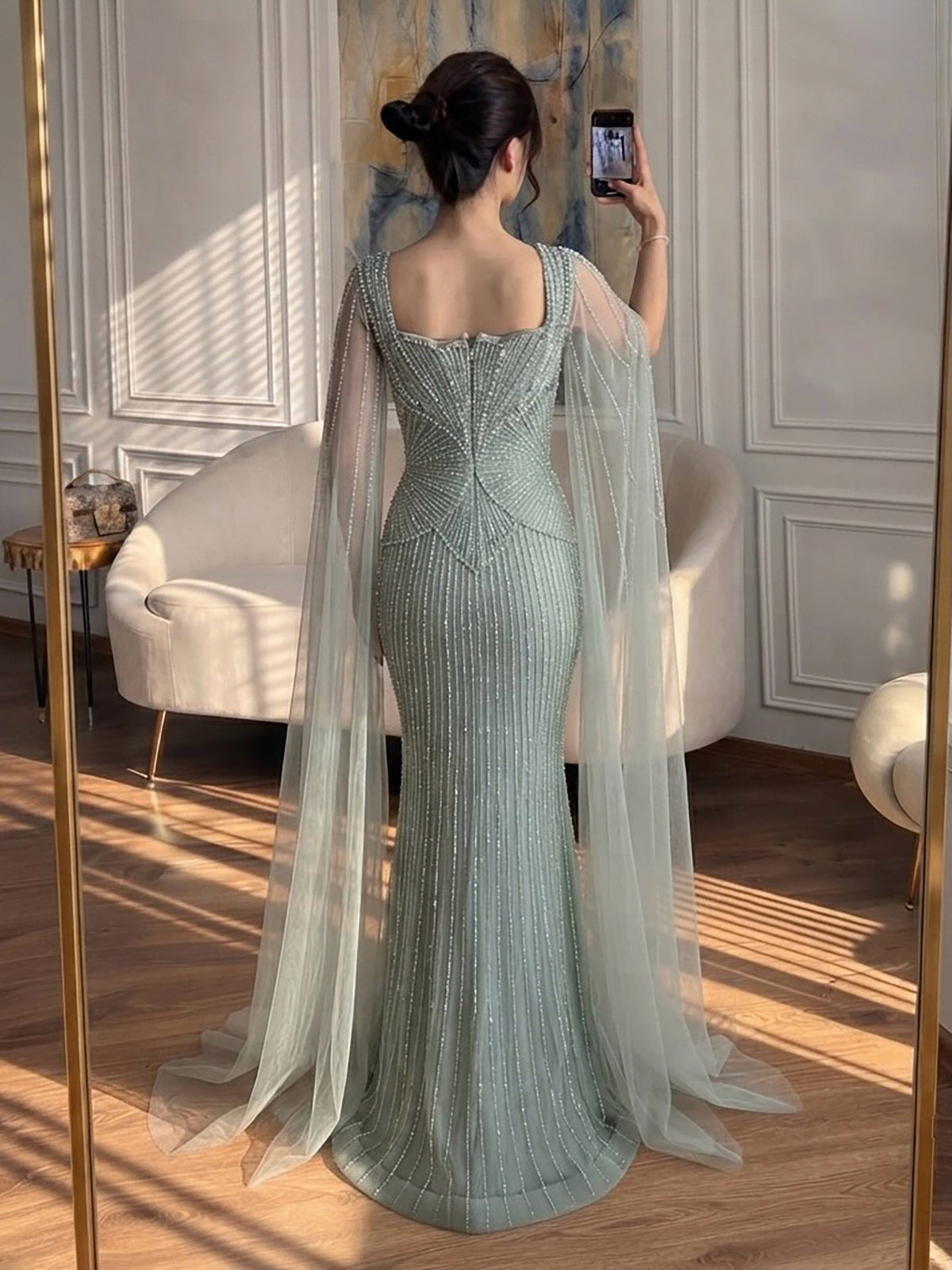 Beige Beaded Mermaid Cape Sleeves Luxury Evening Dress LA73333B