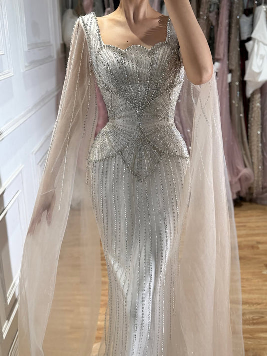Beige Beaded Mermaid Cape Sleeves Luxury Evening Dress LA73333B