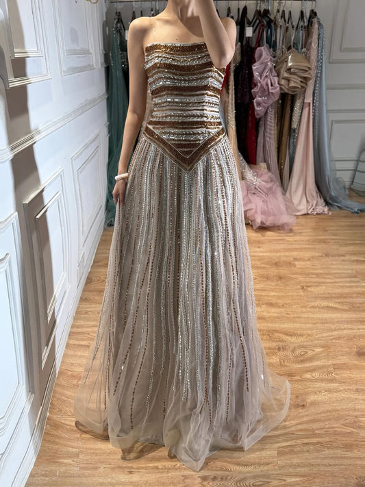 Luxury Caramel Beaded Arabic Style A-Line Strapless Evening Dress LA73359