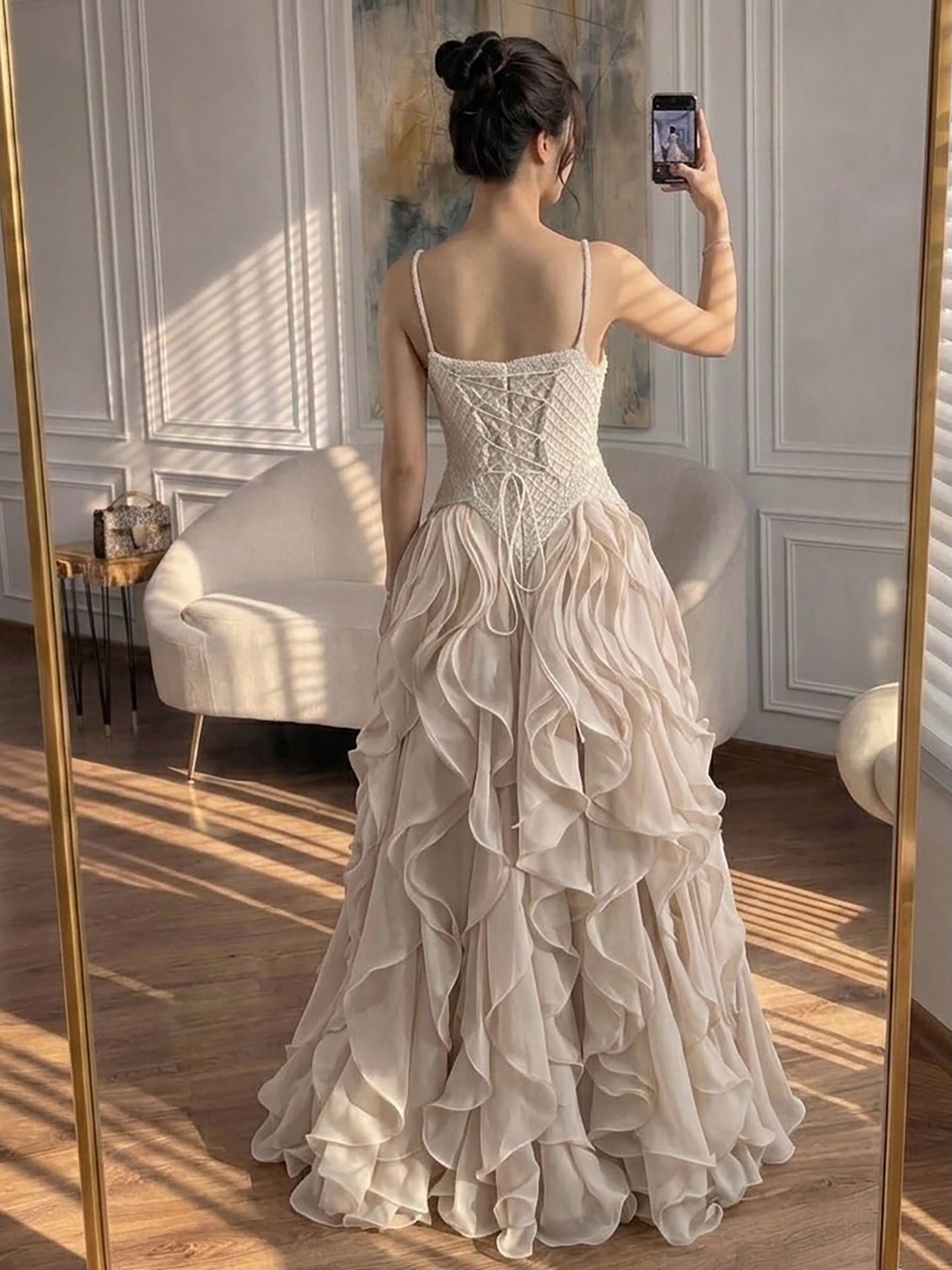 Elegant Beige Beaded A-Line Evening Dress with Ruffle Tiered Skirt LA73368