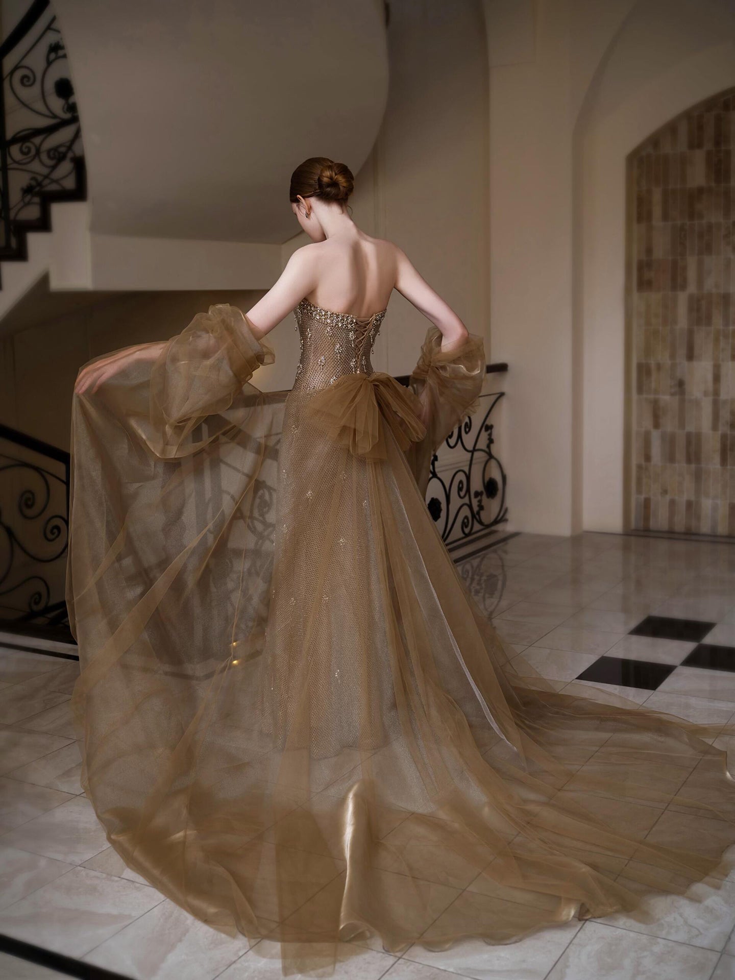 Luxury Gold Crystal Mermaid Evening Dress with Cape LA73387