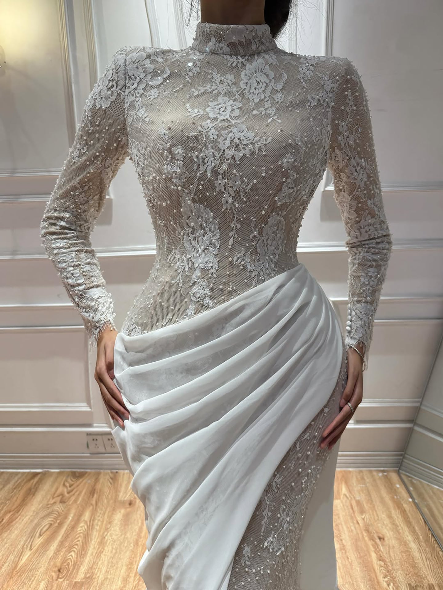 Elegant Blue Modest Long Sleeve Lace Mermaid Evening Dress LA73407A