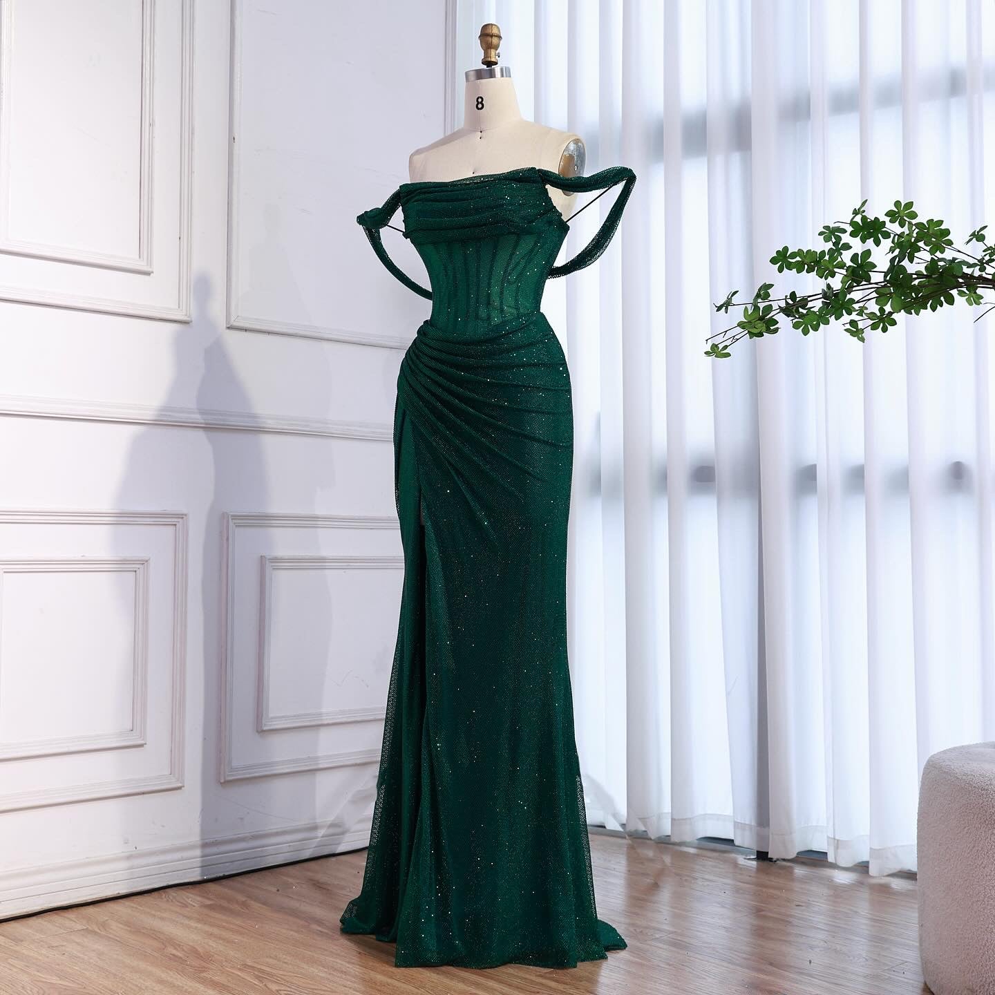 Luxury Gold Sparkly Off-the-Shoulder Corset Mermaid Evening Dress with Slit LA73410C