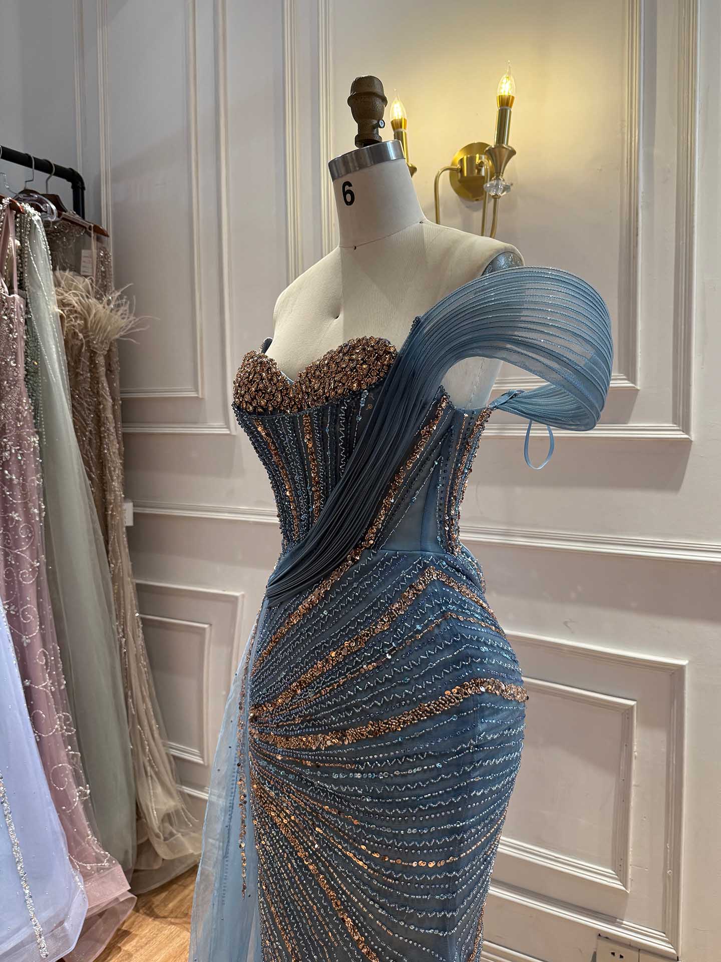 Nude One Shoulder Beaded Mermaid Evening Dress with Siderskirt LA73425B