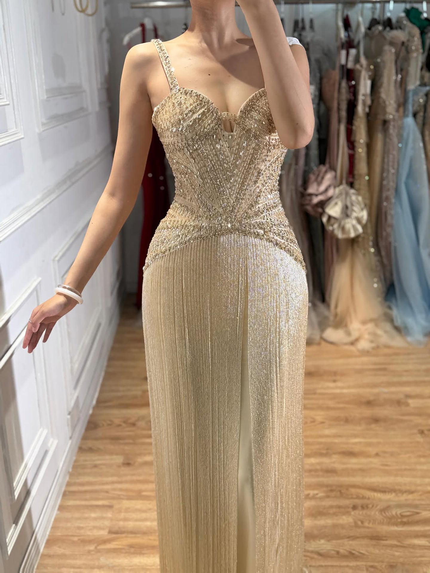Gold Mermaid Luxury Beaded Tassel Fringe Lebanon Designer Evening Dress LA73446