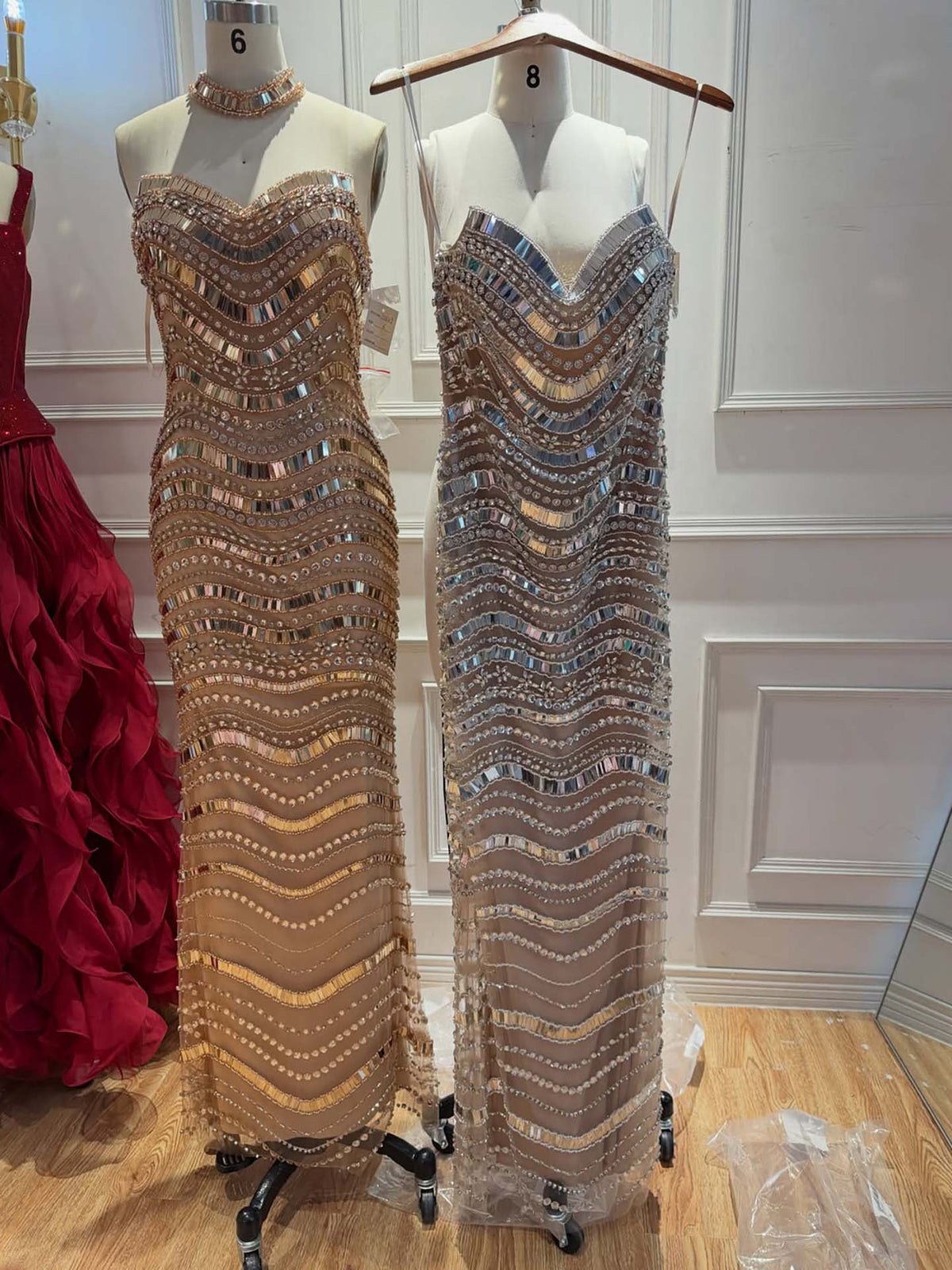 Silver Nude Mirror Beaded Wave Pattern Mermaid Evening Dress LA73449