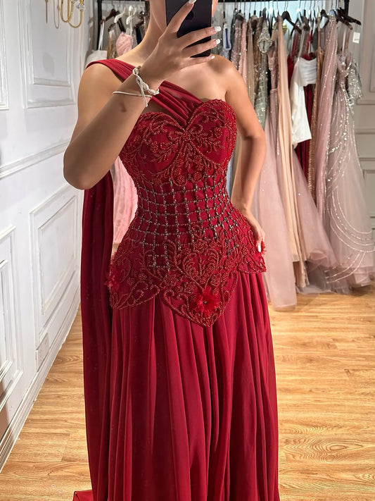 Elegent Pink Floral Beaded Chiffon Evening Dress for Wedding Guest LA73451
