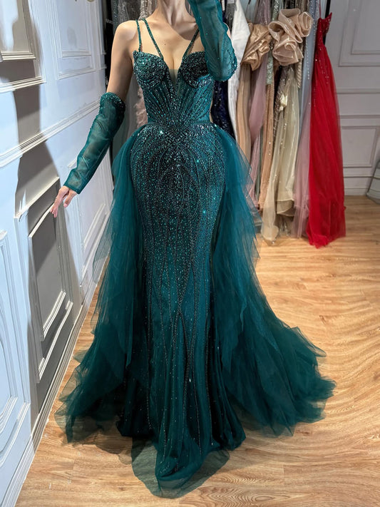 Green Beaded Mermaid Luxury Evening Dress with Skirt LA73455