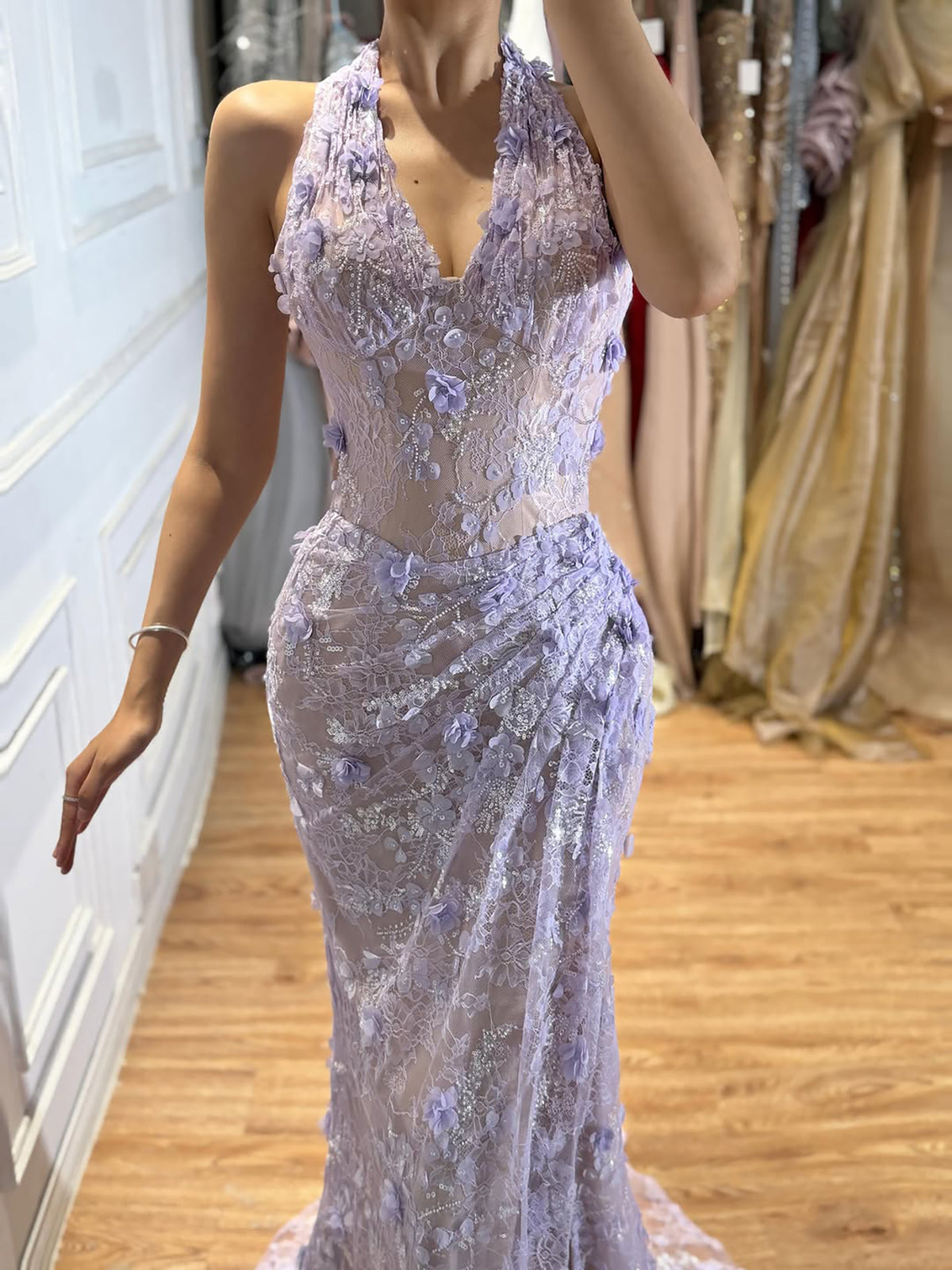Halter Neck Sage Green Lace Floral Corset Evening Dress with Slit LA73472