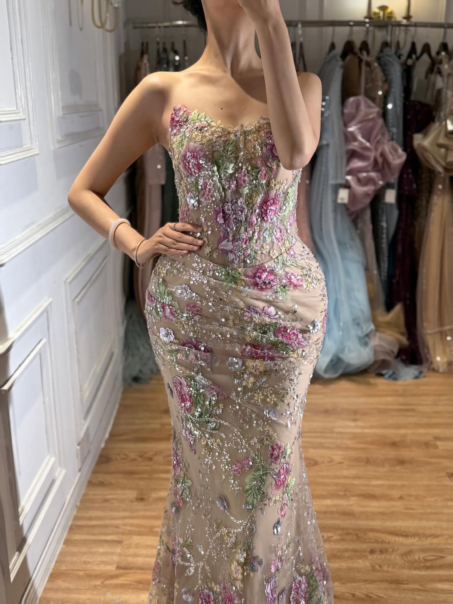 Romantic French-Style Pink Floral Print Beaded Mermaid Evening Dress LA73552A