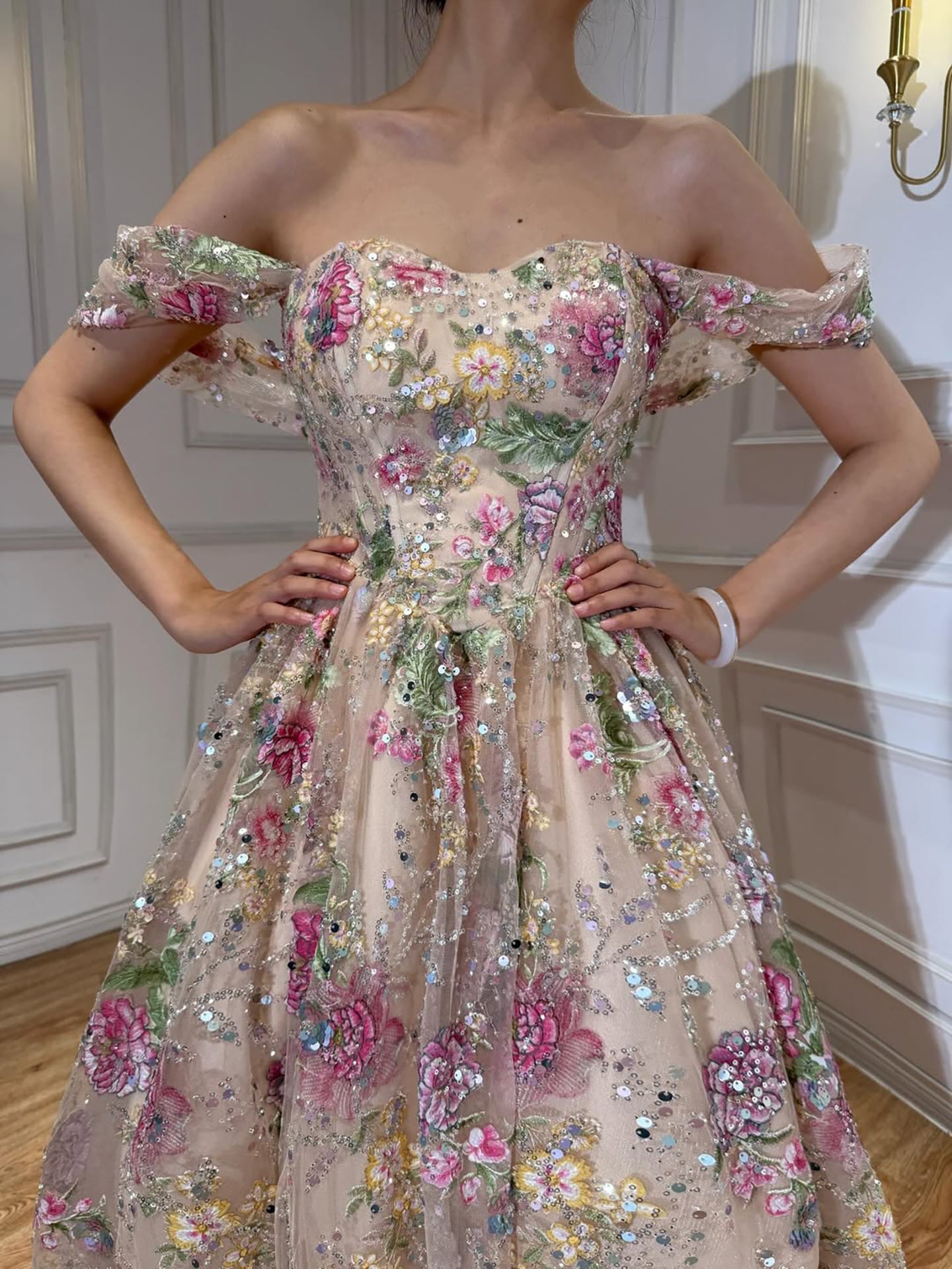 Romantic French-Style Pink Floral A-Line Evening Dress Ball Gown LA73552D