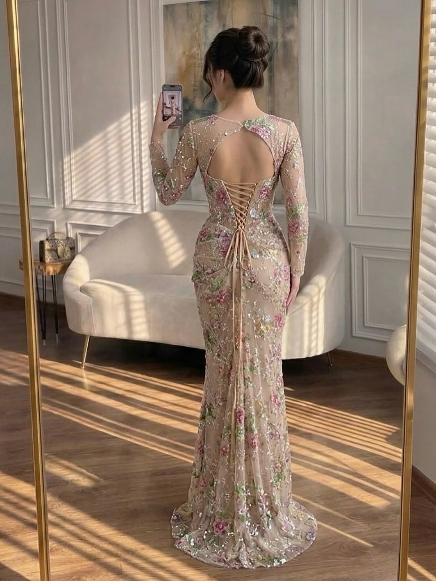 Elegant Nude Pink Floral Corset Long Sleeve Mermaid Evening Dress LA73552G