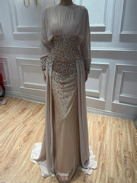 Modest Nude Crystal Beaded Long Sleeves Evening Dress Formal Gown LA73598