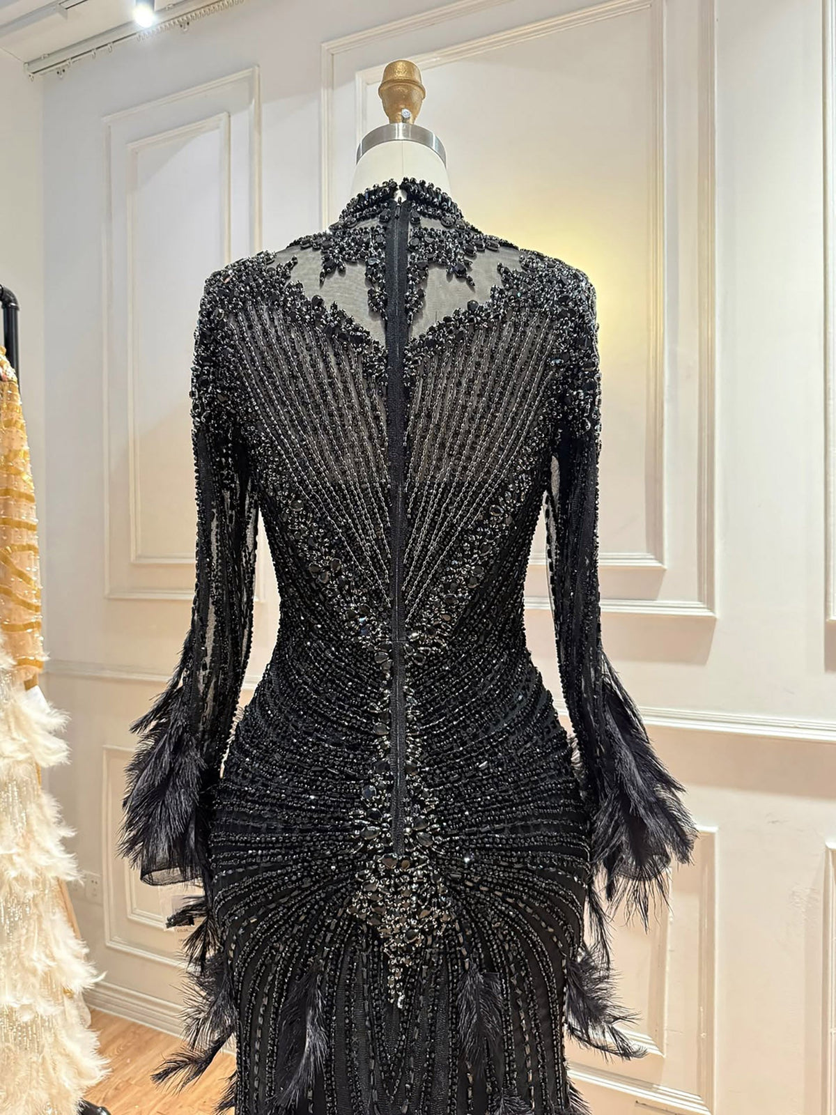 Grey Nude Crystal Beaded Modest Long Sleeve Mermaid Dress with Feathers LA73609