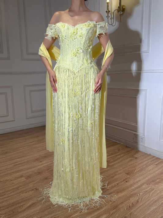 Saudi Yellow Lace Tassel Off Shoulder Evening Gown Wedding Guest Dress LA73614