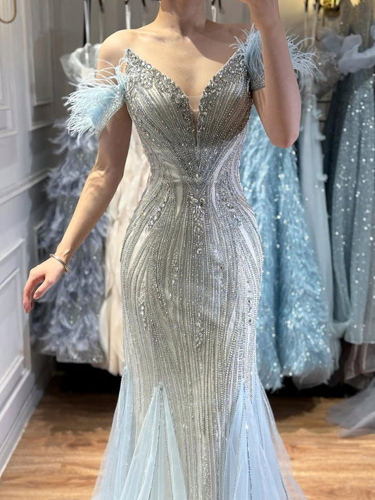 Beige Beaded V Neck Mermaid Evening Dress with Feathers LA73625