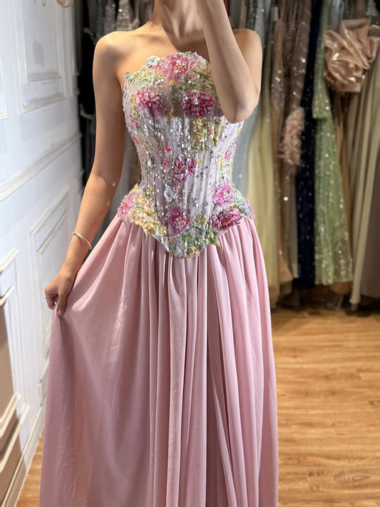 Elegant Pink Appliques Beaded Corset Strapless Evening Dress LA73642