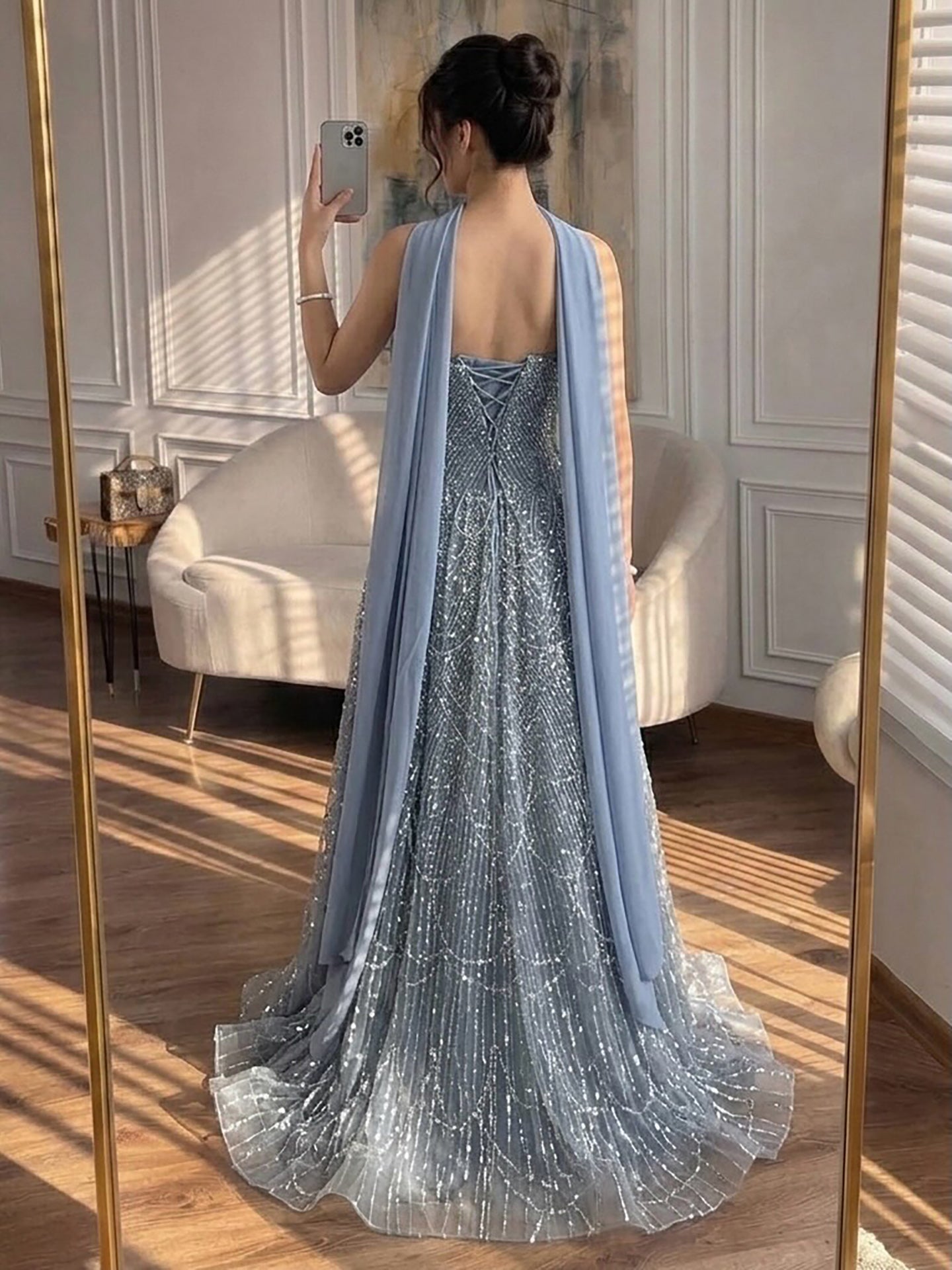 Elegant Blue Beaded A-Line Strapless Evening Dress with Scarf LA73668