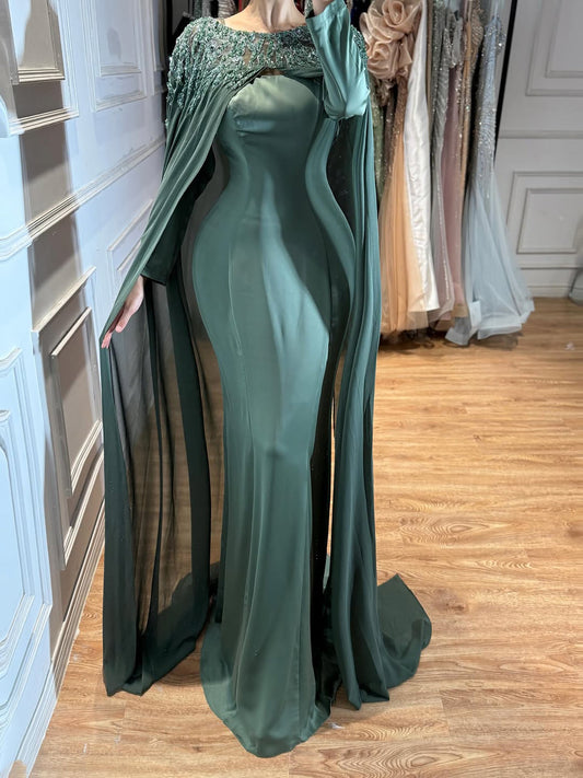 Luxury Green Beaded Cape Long Sleeve Satin Mermaid Dress LA73683