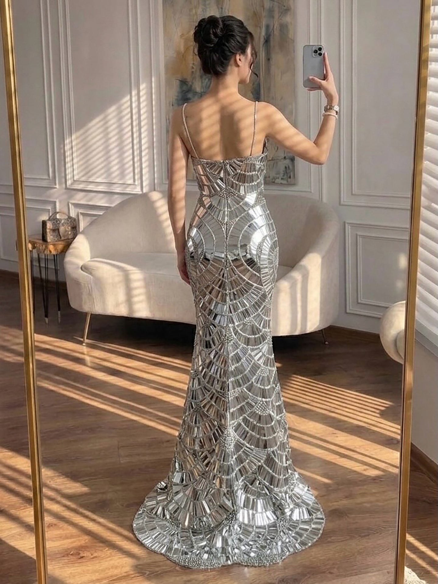 Luxury Silver Mirror Crystal Beaded Mermaid Evening Dress LA73693