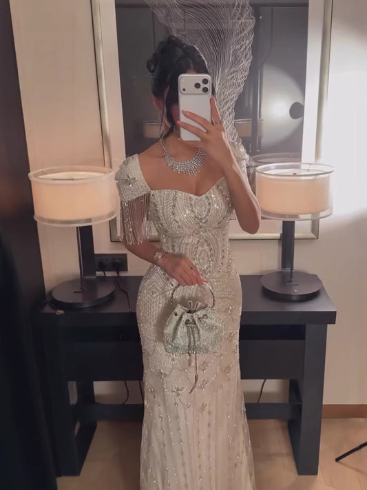 Saudi Beige Beaded Evening Dress with Tassel Cap Sleeve LA73694