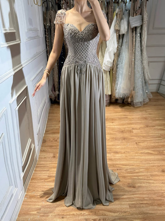 Elegant Caramel Beaded Chiffon A Line Sweetheart Evening Dress LA73698