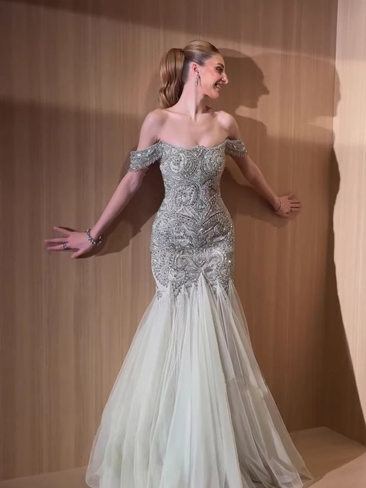 Sage Green Beaded Off-the-Shoulder Mermaid Evening Dress LA73706