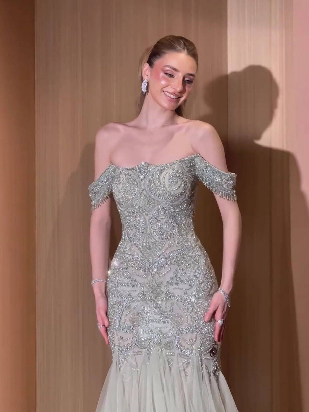 Sage Green Beaded Off-the-Shoulder Mermaid Evening Dress LA73706