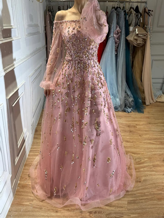 Luxury Pink Sequin Off Shoulder Tulle A Line Evening Dress LA73711