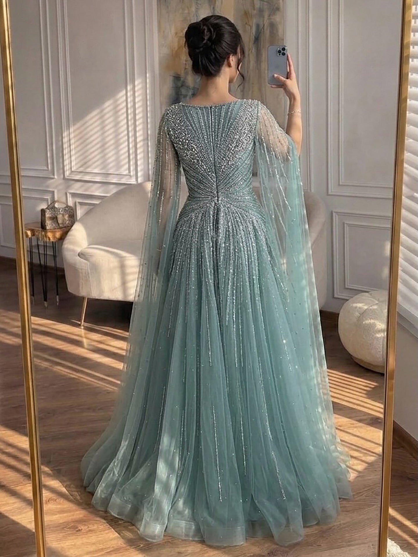 Nude Beaded A-Line Luxury Evening Dress with Cape Sleeves LA73742