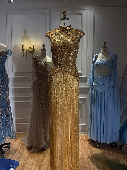 Gold High Neck Beaded Evening Dress with Tassel Fringe Skirt LA73748A