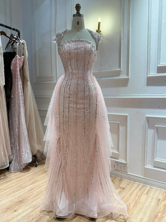 Luxury Pink Beaded Cap Sleeves Mermaid Evening Dress LA73760