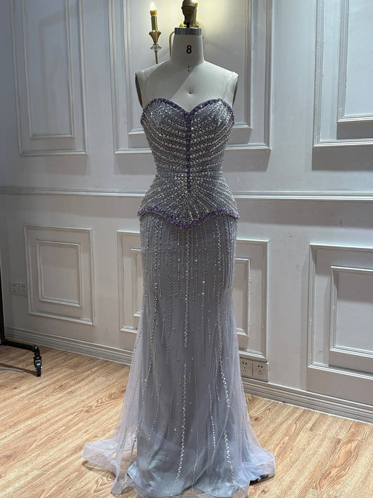 Lilac Beaded Strapless Sweetheart Mermaid Evening Dress LA73761